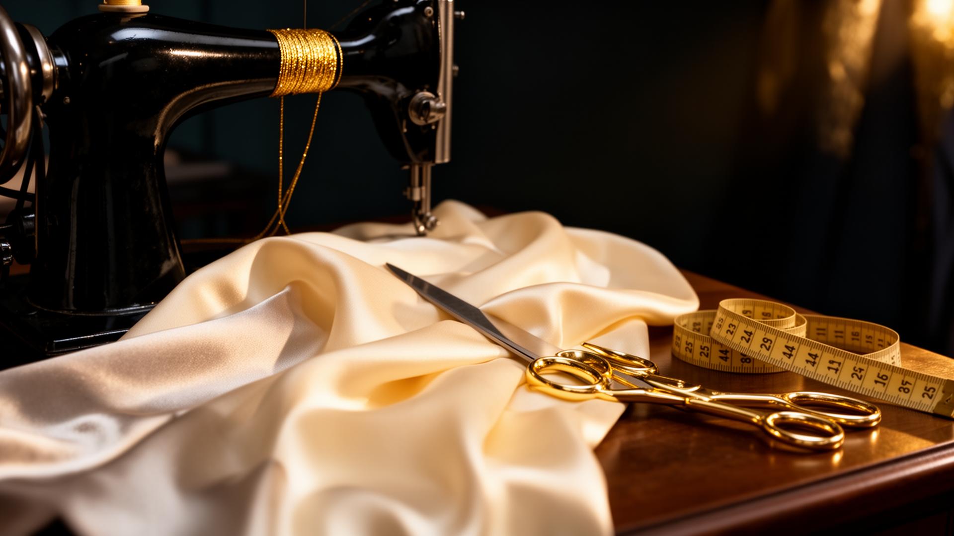 Tailor's atelier with gold scissors and ivory silk